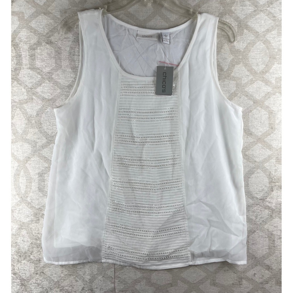 Chico's Beaded Tank Top Womens Size 1 Medium White NWT Layered Sleeveless Shell